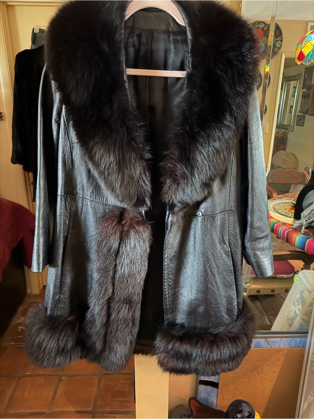Dramatic Black Leather and Fox Fur Coat